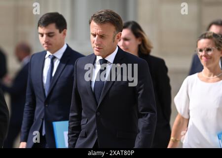 Julien Mattia/le Pictorium - visite d'Etat du Président américain Joe Biden In, France. 08 juin 2024. France/Ile-de-France (région)/Paris - le Président Emmanuel Macron revient au Palais de l'Elysée après une rencontre au Bristol avec le Président des Etats-Unis d'Amérique, à Paris, le 8 juin 2024. Crédit : LE PICTORIUM/Alamy Live News Banque D'Images