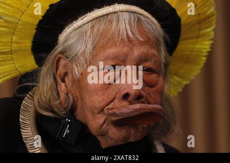 Cacique Raoni Metuktire, chef indigène du groupe ethnique Kayapo, portrait à la semaine de l'environnement - Rio de Janeiro, Brésil 06.06.2024 Banque D'Images