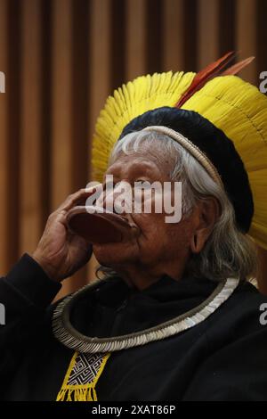 Cacique Raoni Metuktire, chef indigène du groupe ethnique Kayapo, portrait à la semaine de l'environnement - Rio de Janeiro, Brésil 06.06.2024 Banque D'Images