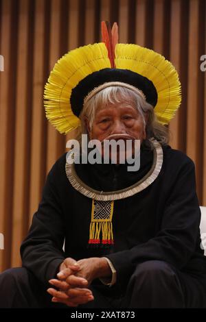 Cacique Raoni Metuktire, chef indigène du groupe ethnique Kayapo, portrait à la semaine de l'environnement - Rio de Janeiro, Brésil 06.06.2024 Banque D'Images