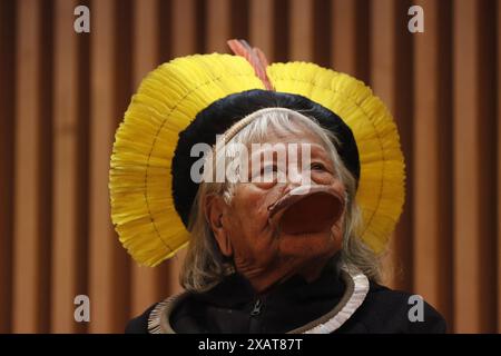 Cacique Raoni Metuktire, chef indigène du groupe ethnique Kayapo, portrait à la semaine de l'environnement - Rio de Janeiro, Brésil 06.06.2024 Banque D'Images