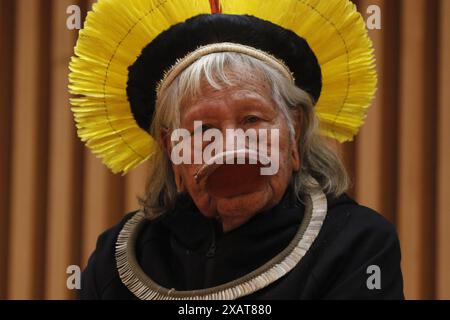 Cacique Raoni Metuktire, chef indigène du groupe ethnique Kayapo, portrait à la semaine de l'environnement - Rio de Janeiro, Brésil 06.06.2024 Banque D'Images