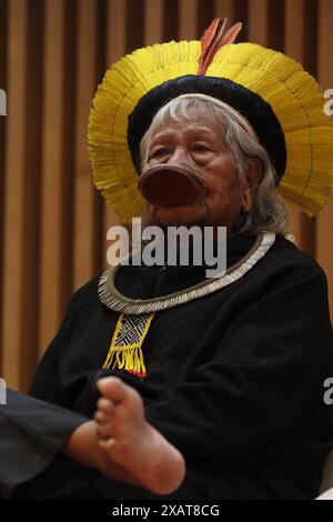 Cacique Raoni Metuktire, chef indigène du groupe ethnique Kayapo, portrait à la semaine de l'environnement - Rio de Janeiro, Brésil 06.06.2024 Banque D'Images