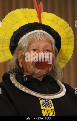 Cacique Raoni Metuktire, chef indigène du groupe ethnique Kayapo, portrait à la semaine de l'environnement - Rio de Janeiro, Brésil 06.06.2024 Banque D'Images