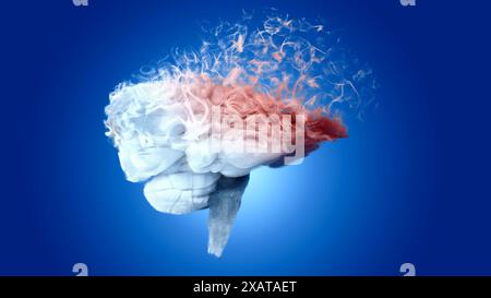 Cerveau vu de côté. Maladie dégénérative. Maladies dégénératives cérébrales, Parkinson, synapses, neurones, Alzheimer, maladie, concept. rendu 3d. Banque D'Images