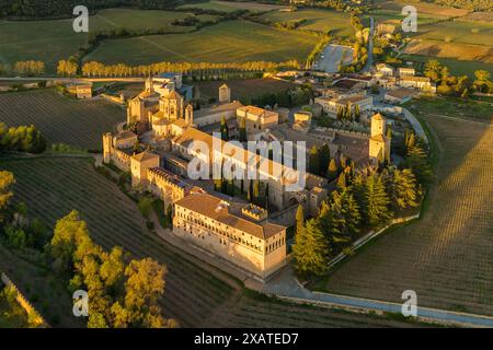 Vue aérienne de l'abbaye royale de Santa Maria de Poblet en Catalogne, Espagne Banque D'Images