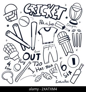 Jeu de vecteurs de griffonnage de cricket. Vecteur d'illustration de dessin de cricket dessiné à la main. gribouillage de cricket Illustration de Vecteur