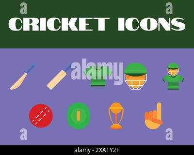 Vecteur de collection d'icônes de cricket. Jeu de vecteurs d'icônes de cricket. Illustration de Vecteur