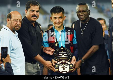 Kolkata, Ciudad de Mexico, Inde. 6 juin 2024. Sunil Chhetri de l'équipe nationale indienne de football, est reçu lors d'une cérémonie de bienvenue par la Fédération indienne de football avant le prochain match de l'Inde contre l'Afghanistan. Le 6 juin 2024 à Kolkata, Inde. (Crédit image : © Dipa Chakraborty/eyepix via ZUMA Press Wire) USAGE ÉDITORIAL SEULEMENT! Non destiné à UN USAGE commercial ! Banque D'Images