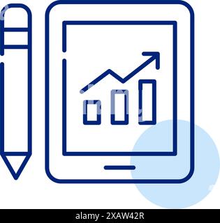 Tablette électronique, stylet et graphique à barres croissant. Utilisation d'un appareil mobile pour prendre des notes et analyser des statistiques. Pixel parfait, vecteur de contour modifiable Illustration de Vecteur