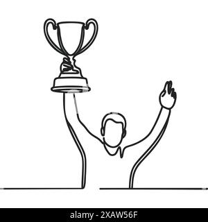 Ligne continue dessinant athlète masculin en maillot de sport tenant le trophée d'or d'une main. Célébration de la victoire de la compétition sportive nationale. Singl Illustration de Vecteur
