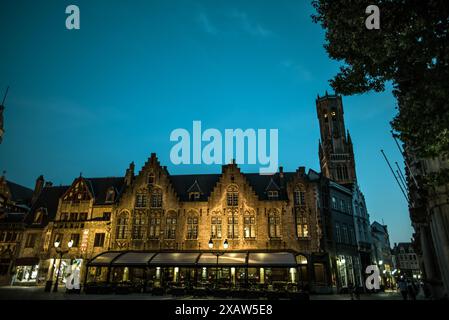 Vue nocturne des bâtiments historiques illuminés de la place Burg et du beffroi de Bruges - Belgique Banque D'Images