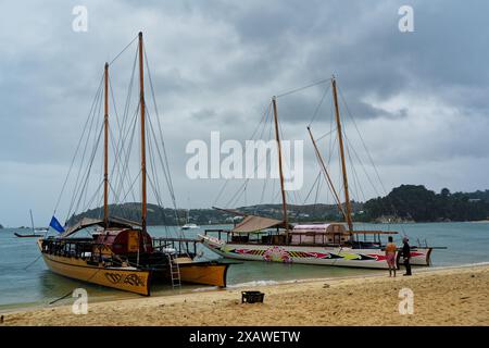 Plage de Kaiteriteri, district de Tasman, île du sud, Aotearoa / Nouvelle-Zélande - 12 avril 2024 : waka à double coque à Kaiteriteri pour le te Hau Kōmaru Nat Banque D'Images