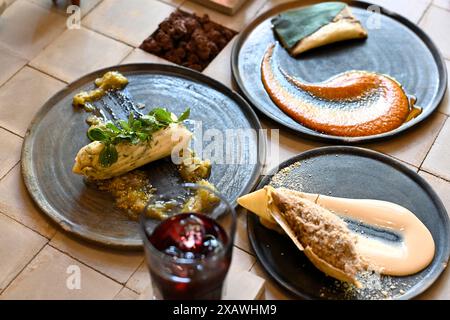 Mexico, Mexique. 8 juin 2024. Tamales de différentes saveurs sont photographiées au restaurant tamales Madre à Mexico, Mexique, le 8 juin 2024. Tamales est un mets délicat populaire au Mexique. Comme beaucoup d'autres aliments au Mexique, les tamales remontent à des centaines d'années, bien avant l'arrivée des Espagnols. Les communautés indigènes du Mexique savouraient cet aliment de base, composé de semoule de maïs farcie de viandes et de sauces, enveloppé et cuit à la vapeur dans des enveloppes de maïs ou des feuilles de bananier. Crédit : Li Muzi/Xinhua/Alamy Live News Banque D'Images