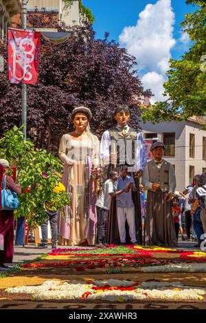 Un couple d'amis noirs africains qui passent un bon moment à côté de trois géants typiques de la Catalogne dans une rue décorée d'un tapis de motifs floraux. Banque D'Images