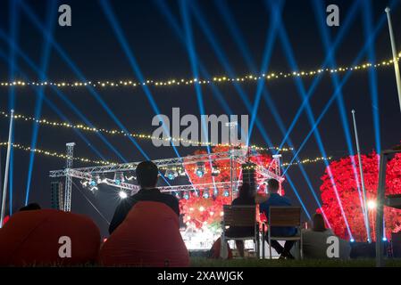 Rayons des projecteurs lors d'un concert de musique nocturne Banque D'Images