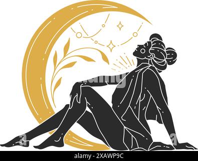 Femme de beauté assise avec croissant de lune et silhouette d'étoiles. Illustration vectorielle féminine bohème pour le modèle d'impression d'affiche d'art mural. Magic Women con Illustration de Vecteur