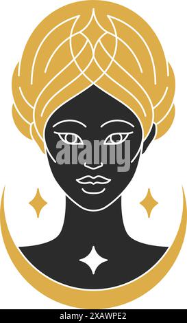 Portrait magique de femme élégante avec illustration vectorielle de silhouette de cheveux. Dessin de visage féminin boho pour modèle d'impression d'affiche d'art mural. Mystic concept de Illustration de Vecteur