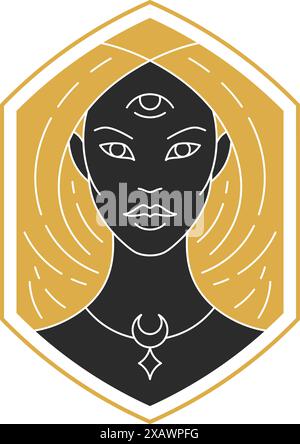 Portrait magique de femme élégante avec illustration vectorielle de silhouette de cheveux. Dessin de visage féminin boho pour modèle d'impression d'affiche d'art mural. Mystic concept de Illustration de Vecteur