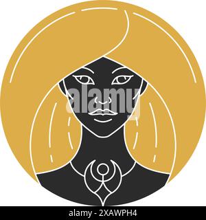 Portrait magique de femme élégante avec illustration vectorielle de silhouette de cheveux. Dessin de visage féminin boho pour modèle d'impression d'affiche d'art mural. Mystic concept de Illustration de Vecteur