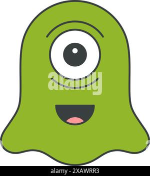 Abstrait vert liquide étranger sourire personnage avec oeil pop art groovy style t-shirt imprimé décoratif design vecteur dessin animé illustration. Bactérii comique Illustration de Vecteur