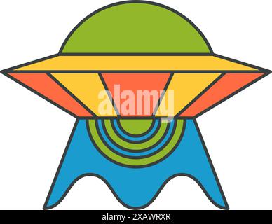 Abstrait multicouleurs volant soucoupe OVNI pop art groovy style t-shirt imprimé décoratif dessin animé vectoriel illustration. Engin spatial extraterrestre lumineux Illustration de Vecteur