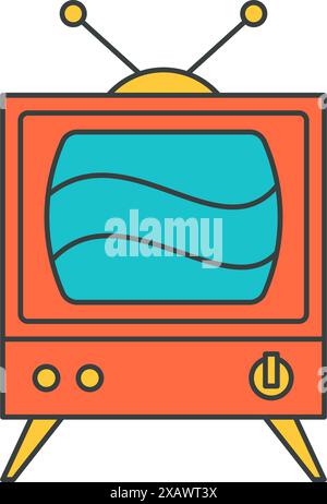 Coffret téléviseur rétro en bois avec écran bleu et antenne pop art groovy style t-shirt imprimé dessin animé vectoriel illustration. Téléviseur vintage br Illustration de Vecteur