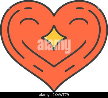 Mignon drôle sourire coeur rouge forme avec nez jaune lueur star pop art groovy style mode t shirt imprimé vecteur dessin animé illustration. Charmant caractère Illustration de Vecteur
