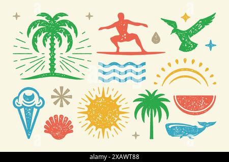 Les symboles d'été et les objets définissent l'illustration vectorielle. Cône de glace froide avec coin de pastèque et mouette. Palmier tropical lumineux sur l'île avec ascension Illustration de Vecteur