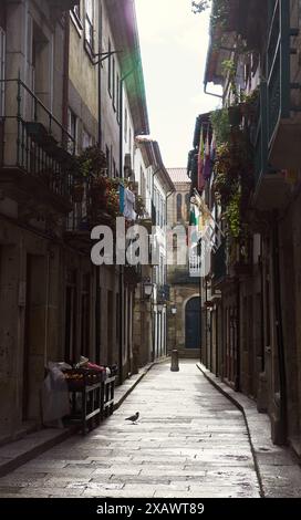 Une rue pavée étroite à Guimarães, Portugal, avec un petit magasin de fruits et légumes Banque D'Images