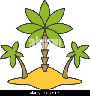 Île de sable inhabitée avec trois palmiers été voyage vacances pop art groovy style vector illustration de dessin animé. Océan tropical paysage mer RE Illustration de Vecteur