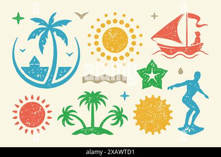 Les symboles d'été et les objets définissent l'illustration vectorielle. Soleil éclatant et silhouette féminine de bateau. Surfeur à bord avec fleur et vague. Symboles Illustration de Vecteur