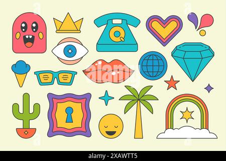 Collection psychédélique vif arc-en-ciel pop art style éléments graphiques design vecteur dessin animé illustration. Ensemble contour de l'oeil hippie d'été, téléphone, couronne Illustration de Vecteur