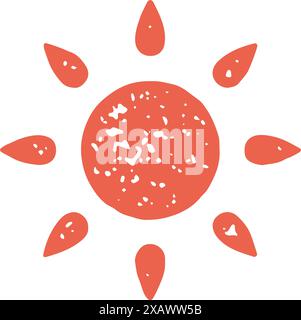 Soleil rouge minimaliste avec des rayons ornementaux été symbole de vacances grunge texture design décoratif illustration vectorielle. Bronzage par soleil dessiné à la main o Illustration de Vecteur