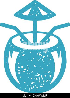 Cocktail de noix de coco d'été pour couple avec deux paille et parapluie bleu main tiré lune de miel vacances. Décoration de boissons tropicales naturelles rafraîchissantes Illustration de Vecteur