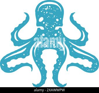Poulpe dessinée à la main avec tentacules minimalistes Ocean Life sous-marin créature logo bleu grunge texture vecteur illustration. Monochrome danger mollusque de Illustration de Vecteur
