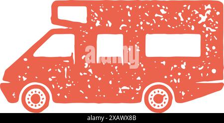 Rétro camping-car famille extérieur voyage d'été, tourisme, aventure vacances main dessiné grunge texture vector illustration. Fourgonnette vintage pour plus de confort Illustration de Vecteur