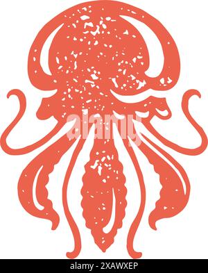 Dessin à la main de méduse rouge naturel animal marin dangereux avec l'illustration du vecteur de texture de grunge de poison. Minimaliste flottant eau profonde sous l'eau m Illustration de Vecteur