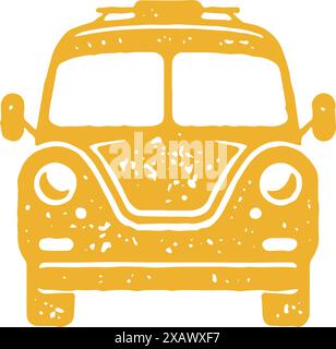 Vue de face jaune rétro voiture de camping-car pour le voyage de route aventure été vacances grunge texture vector illustration. Transport vintage haut Illustration de Vecteur