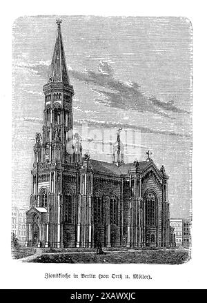 La gravure de Zionskirche (Berlin) capture la beauté architecturale et l'importance historique de cette église renommée, conçue par August Orth. L'œuvre d'art met en valeur le style néo-gothique saisissant de l'église, avec ses flèches montantes, ses sculptures complexes en pierre et sa façade impressionnante. La représentation détaillée souligne la grandeur de l'extérieur de l'église, y compris ses arches pointues et ses éléments décoratifs élaborés. Cette gravure reflète le rôle de la Sionskirche en tant que monument religieux et culturel important à Berlin, incarnant le riche patrimoine architectural et l'histoire spirituelle de la ville Banque D'Images