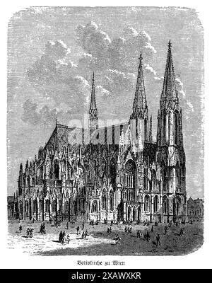 La gravure « Votivkirche, Vienne » capture magnifiquement la majestueuse architecture néo-gothique de cette église emblématique, conçue par Heinrich von Ferstel. La représentation détaillée met en valeur les flèches jumelles de l'église, les sculptures en pierre complexes et la façade impressionnante. La gravure met en valeur les arches élevées, les tracés élaborés et les décorations ornées qui caractérisent l'extérieur de la Votivkirche. Cette œuvre d'art reflète l'importance de l'église en tant que monument monumental à Vienne, incarnant à la fois le riche patrimoine architectural de la ville et son histoire spirituelle. La Votivkirche est un témoignage de NEO Banque D'Images