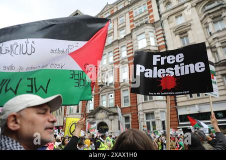 Les partisans pro-palestiniens défilent dans le centre de Londres pour exiger qu'Israël arrête ses attaques. La manifestation a été organisée par Palestine Solidarity Campaign UK. Banque D'Images