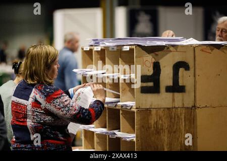 Les gens rassemblant les voix à la Royal Dublin Society pendant le dépouillement pour les élections européennes. Date de la photo : dimanche 9 juin 2024. Banque D'Images