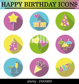 Ensemble d'icônes plates d'anniversaire avec ombre sur le fond blanc. Icônes de célébration. Vecteur isolé. Banque D'Images