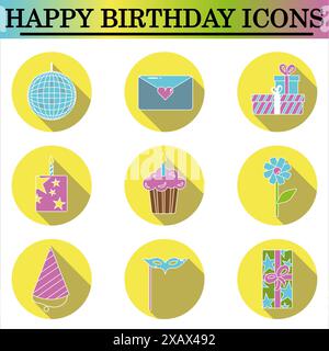 Ensemble d'icônes plates d'anniversaire avec ombre sur le fond blanc. Icônes de célébration. Vecteur isolé. Banque D'Images