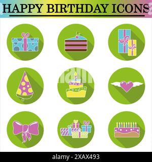 Ensemble d'icônes plates d'anniversaire avec ombre sur le fond blanc. Icônes de célébration. Vecteur isolé. Banque D'Images