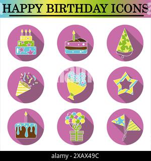 Ensemble d'icônes plates d'anniversaire avec ombre sur le fond blanc. Icônes de célébration. Vecteur isolé. Banque D'Images