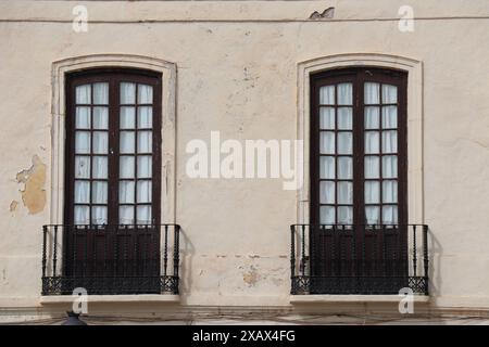 Fenêtres avec treillis en acier sur un mur blanchi à la chaux. Village blanc andalou. Costa del sol. Espagne Banque D'Images