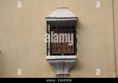 Fenêtres avec treillis en acier sur un mur blanchi à la chaux. Village blanc andalou. Costa del sol. Espagne Banque D'Images