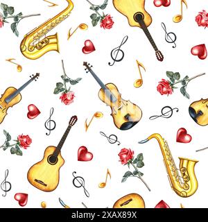 Motif musical sans couture avec instruments de musique, guitares, violons et saxophones, notes et couleurs. L'illustration aquarelle est faite à la main. Pour Banque D'Images